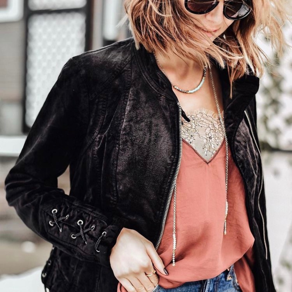 Free People Lacey Velvet Corset Lace-Up Moto Black Jacket